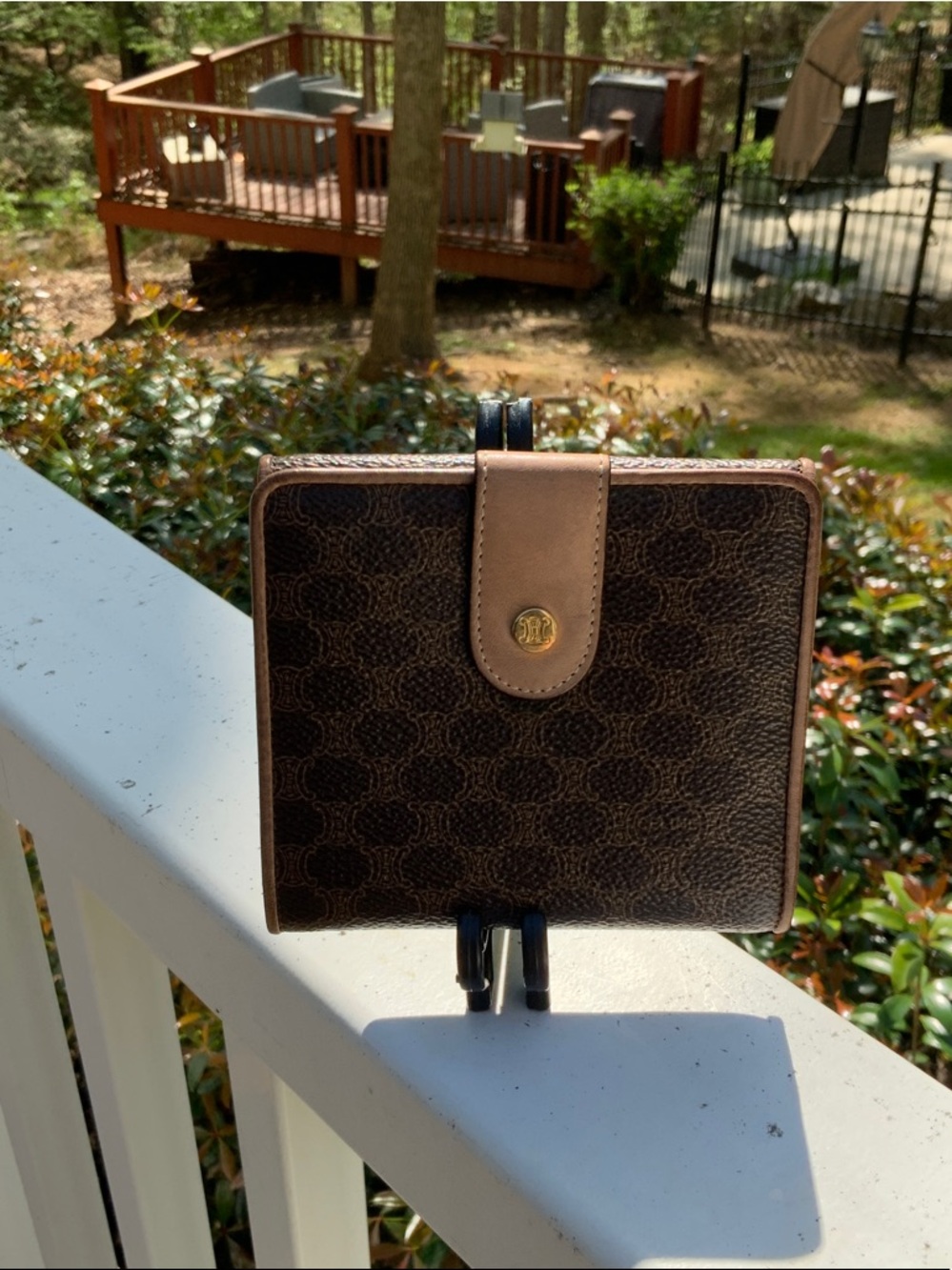 Celine Brown Patterned Leather Compact Wallet with Tan Trim - Picture 3 of 16